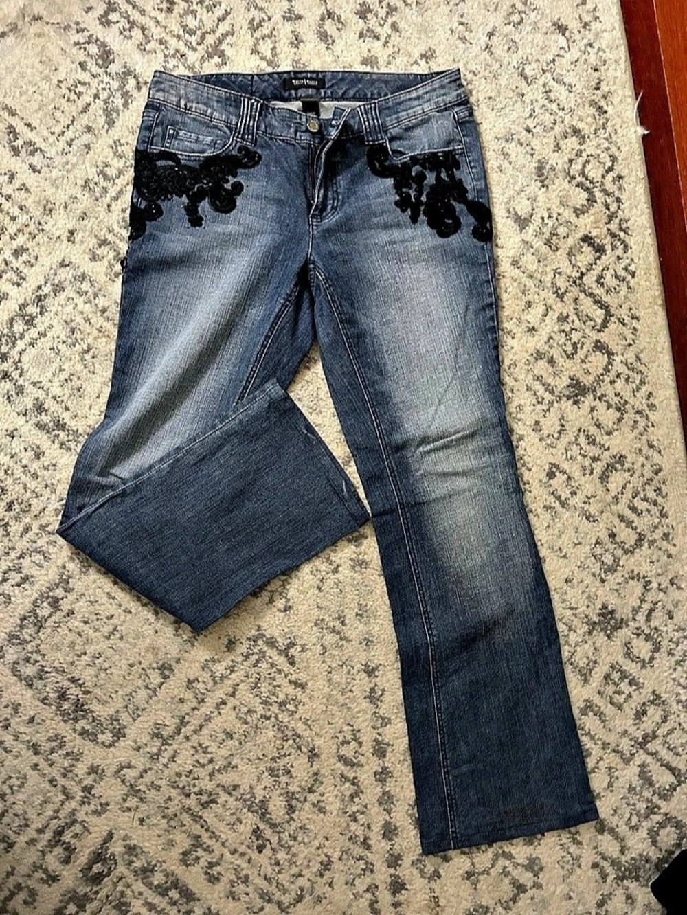 White Black Embroidered Boot Cut Jeans in Blue Waist 10R